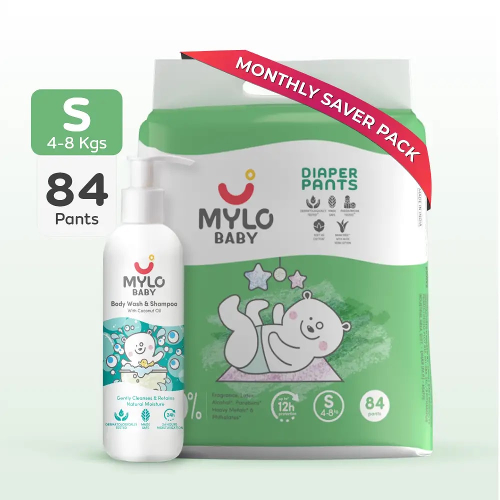 Baby Diaper Pants Small (S) Size 4-8 kgs (Jumbo Pack) + Baby Head to Toe Wash