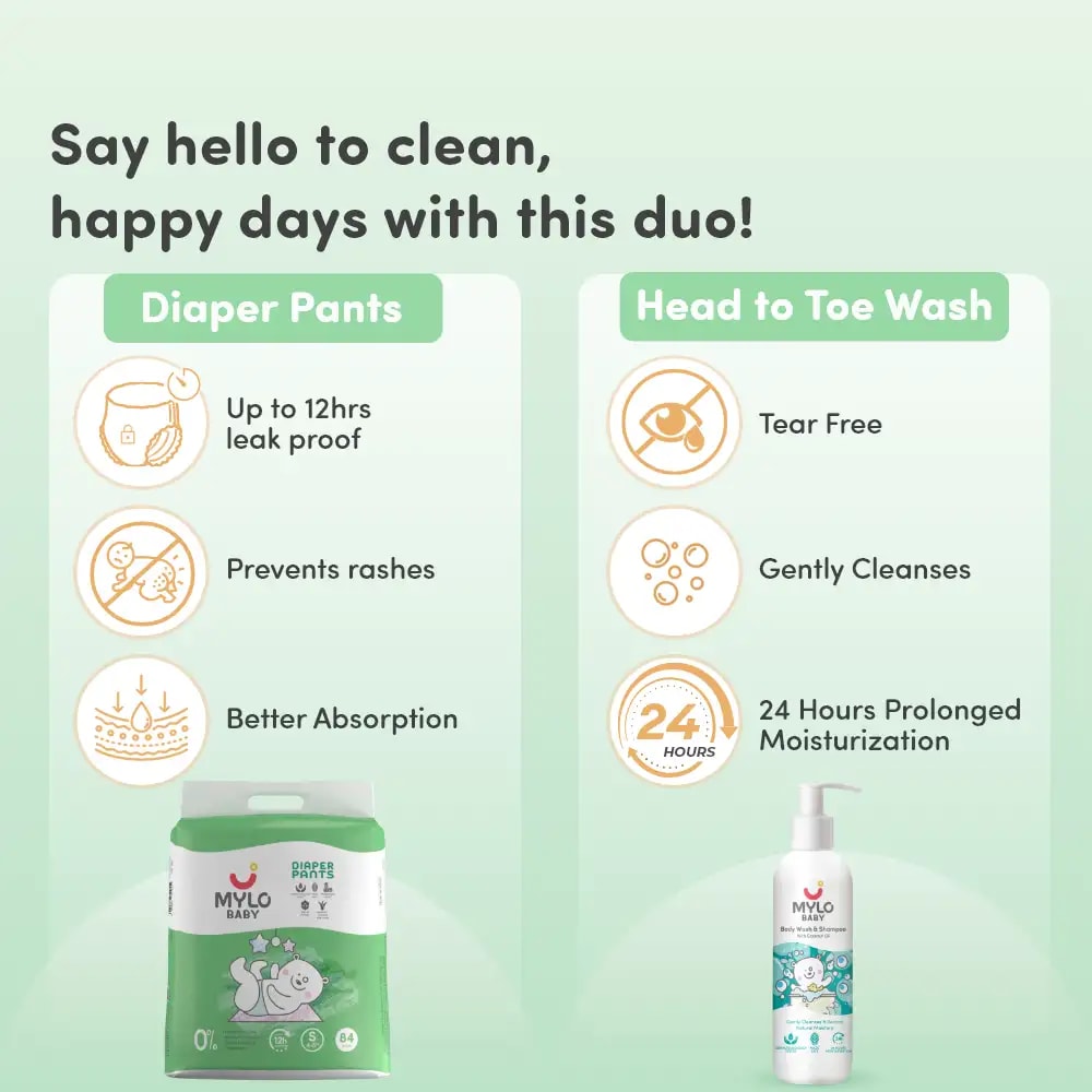 Baby Diaper Pants Small (S) Size 4-8 kgs (Jumbo Pack) + Baby Head to Toe Wash