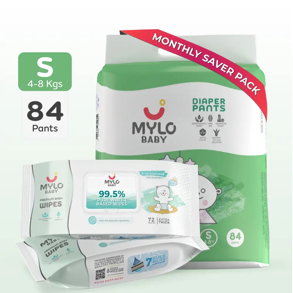 Baby Diaper Pants Small (S) Size 4-8 kgs (Jumbo Pack) + 99.5% Ultra Pure Water- Based Premium Wipes (Pack of 2)