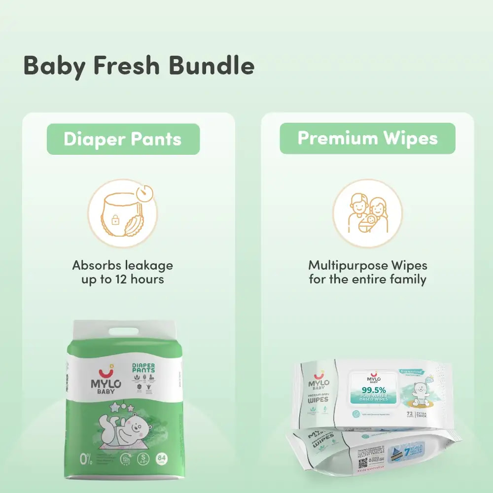 Baby Diaper Pants Small (S) Size 4-8 kgs (Jumbo Pack) + 99.5% Ultra Pure Water- Based Premium Wipes (Pack of 2)