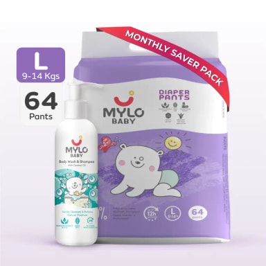 Baby Diaper Pants Large (L) Size 9-14 kgs (Jumbo Pack) + Baby Head to Toe Wash