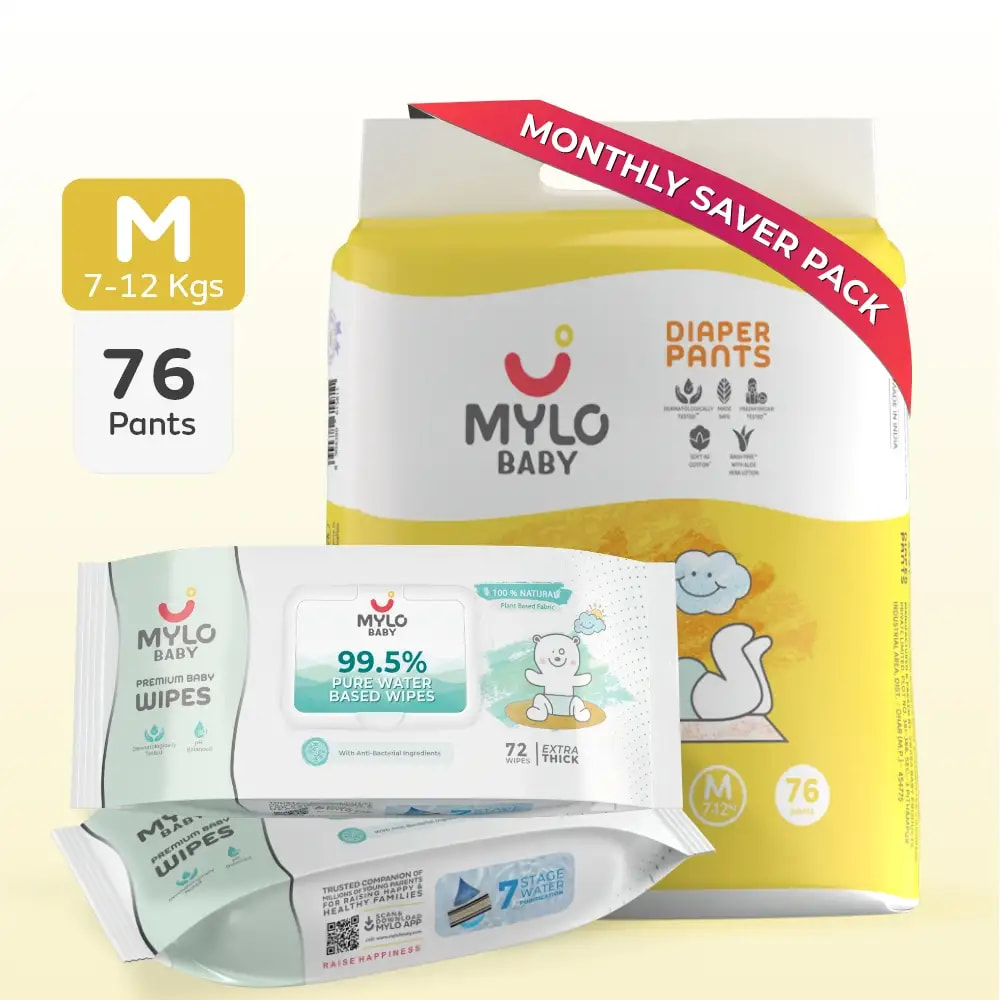 Baby Diaper Pants Medium (M) Size 7-12 kgs (Jumbo Pack) + 99.5% Ultra Pure Water- Based Premium Wipes (Pack of 2)