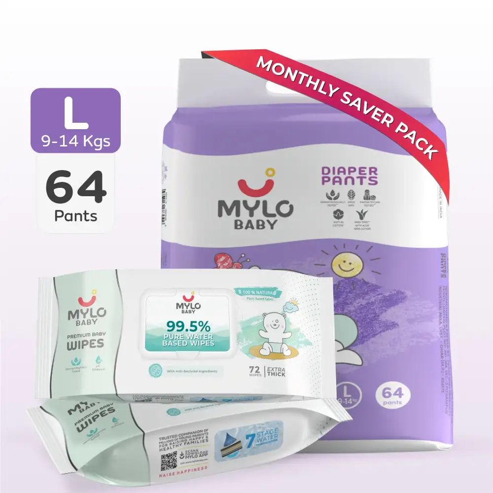 Baby Diaper Pants Large (L) Size 9-14 kgs (Jumbo Pack) + 99.5% Ultra Pure Water- Based Premium Wipes (Pack of 2)