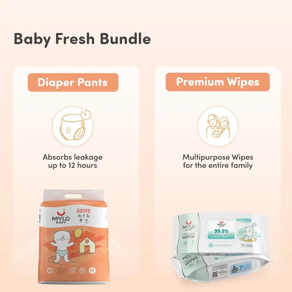 Baby Diaper Pants Extra Large (XL) Size 12-17 kgs (Jumbo Pack) + 99.5% Ultra Pure Water- Based Premium Wipes (Pack of 2)