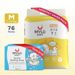 Baby Diaper Pants Medium (M) Size 7-12 kgs (Jumbo Pack) + Baby Soap (Pack of 3)
