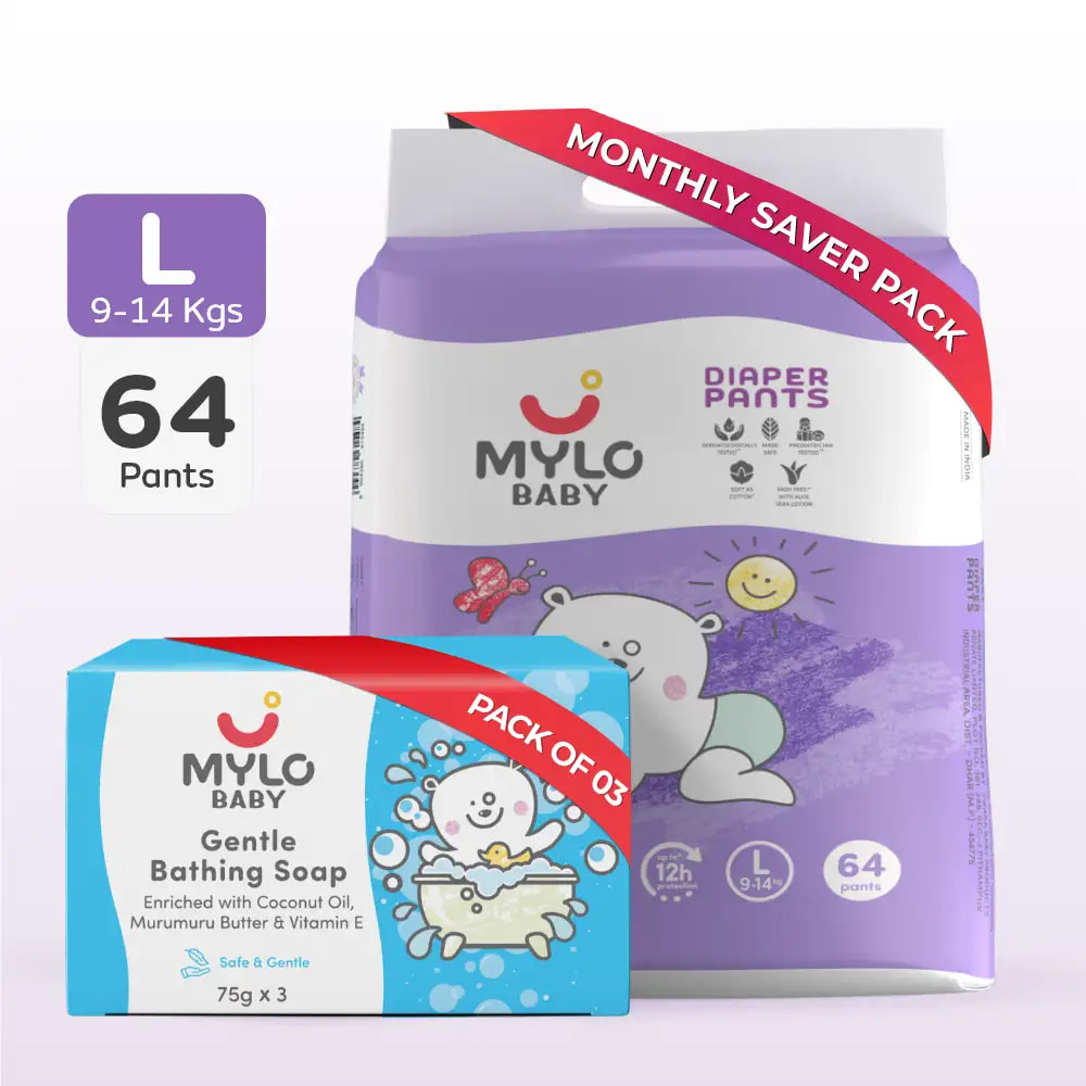Baby Diaper Pants Large (L) Size 9-14 kgs (Jumbo Pack) + Baby Soap (Pack of 3)