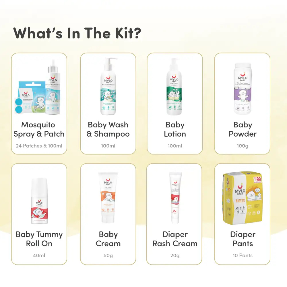 Baby Skin Basics Travel Kit - Diaper Pants(M), Baby Cream, Baby Lotion, Baby Powder, Baby Head to Toe Wash, Diaper Rash Cream, Tummy Roll on, Mosquito Spray, Mosquito Patch