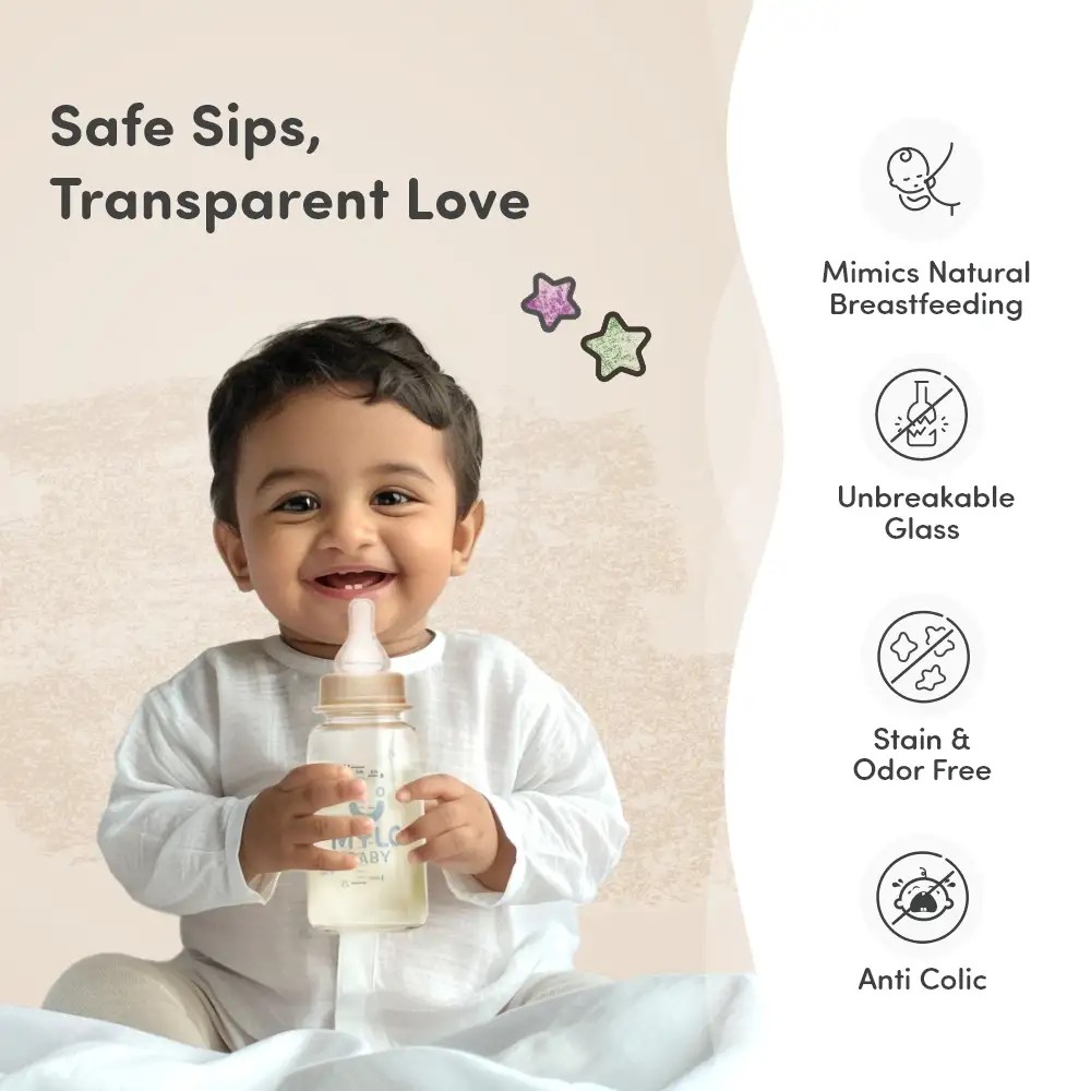 Glass Feeding Bottle | BPA Free | Anti-Colic | 100% Food Grade | Stain & Odor Free - 125 ml + 250 ml