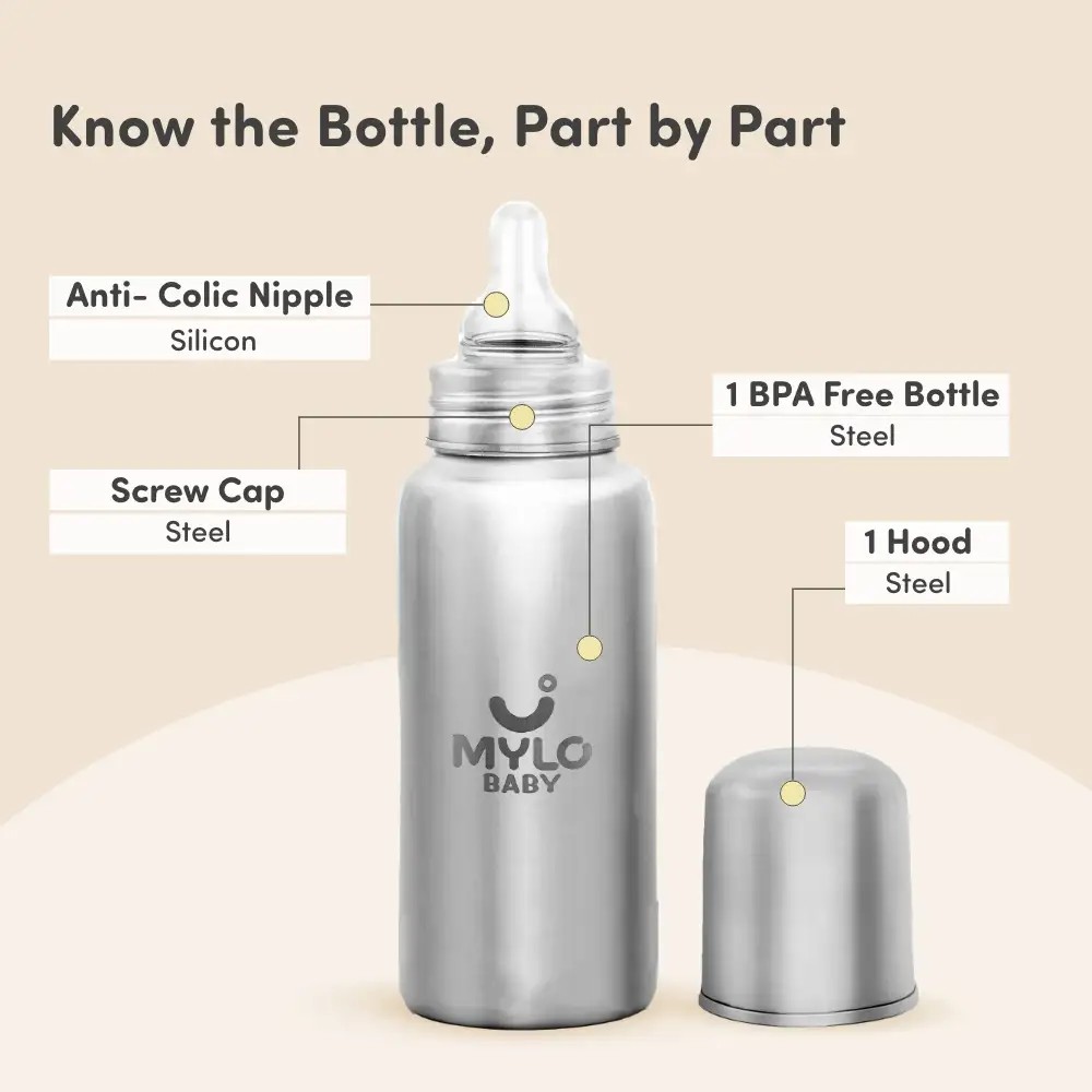 Stainless Steel Feeding Sipper Bottle | BPA Free | Anti-Colic | 100% Food Grade | Feels Natural Baby Bottle | Non-toxic Rust Free - 150 ml + 250 ml