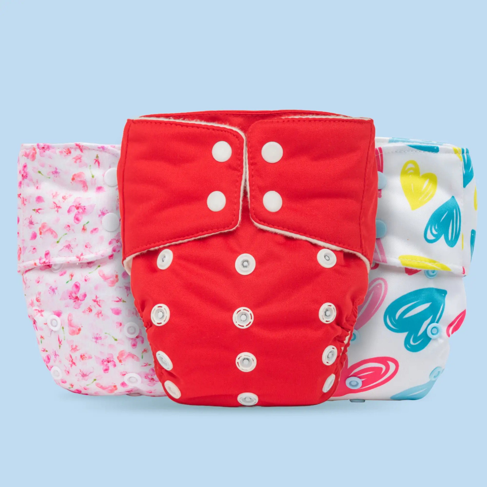 Adjustable & Reusable Cloth Diaper - 1 Solid + 1 Heart Print + 1 Cherry Blossom - Pack of 3