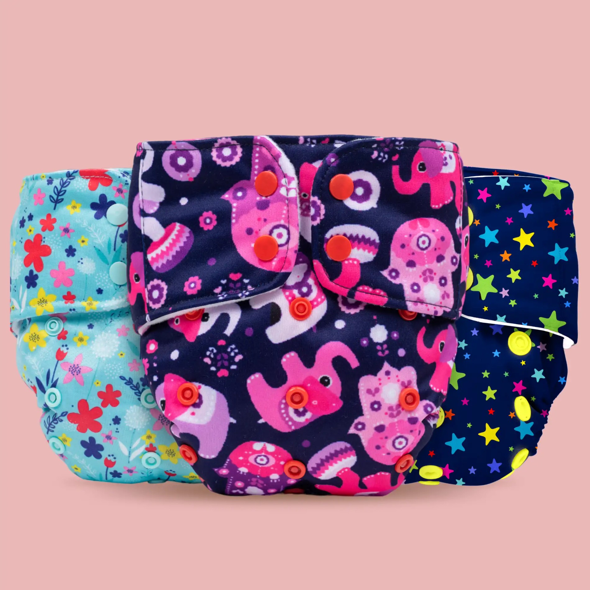 Adjustable Washable & Reusable Cloth Diaper With Absorbent Insert Pad (3M-3Y)  | Oeko-Tex Certified | Prevents Rashes - Floral Spring, Purple love & Twinkle Twinkle - Pack of 3