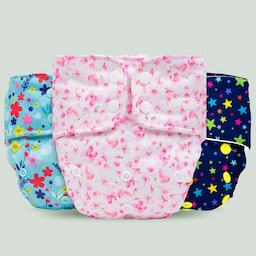 Adjustable Washable & Reusable Cloth Diaper With Absorbent Insert Pad (3M-3Y) | Oeko-Tex Certified | Prevents Rashes - Cherry Blossom, Floral Spring & Twinkle Twinkle - Pack of 3