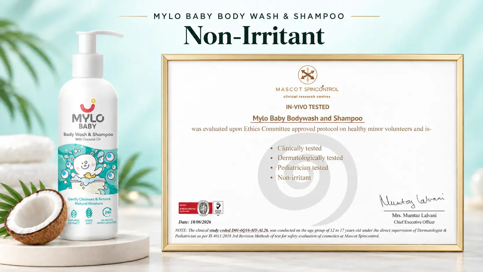 Mylo Baby Body Wash & Shampoo: Dermatological Test Certificate, Clinically Tested and Non-Irritant