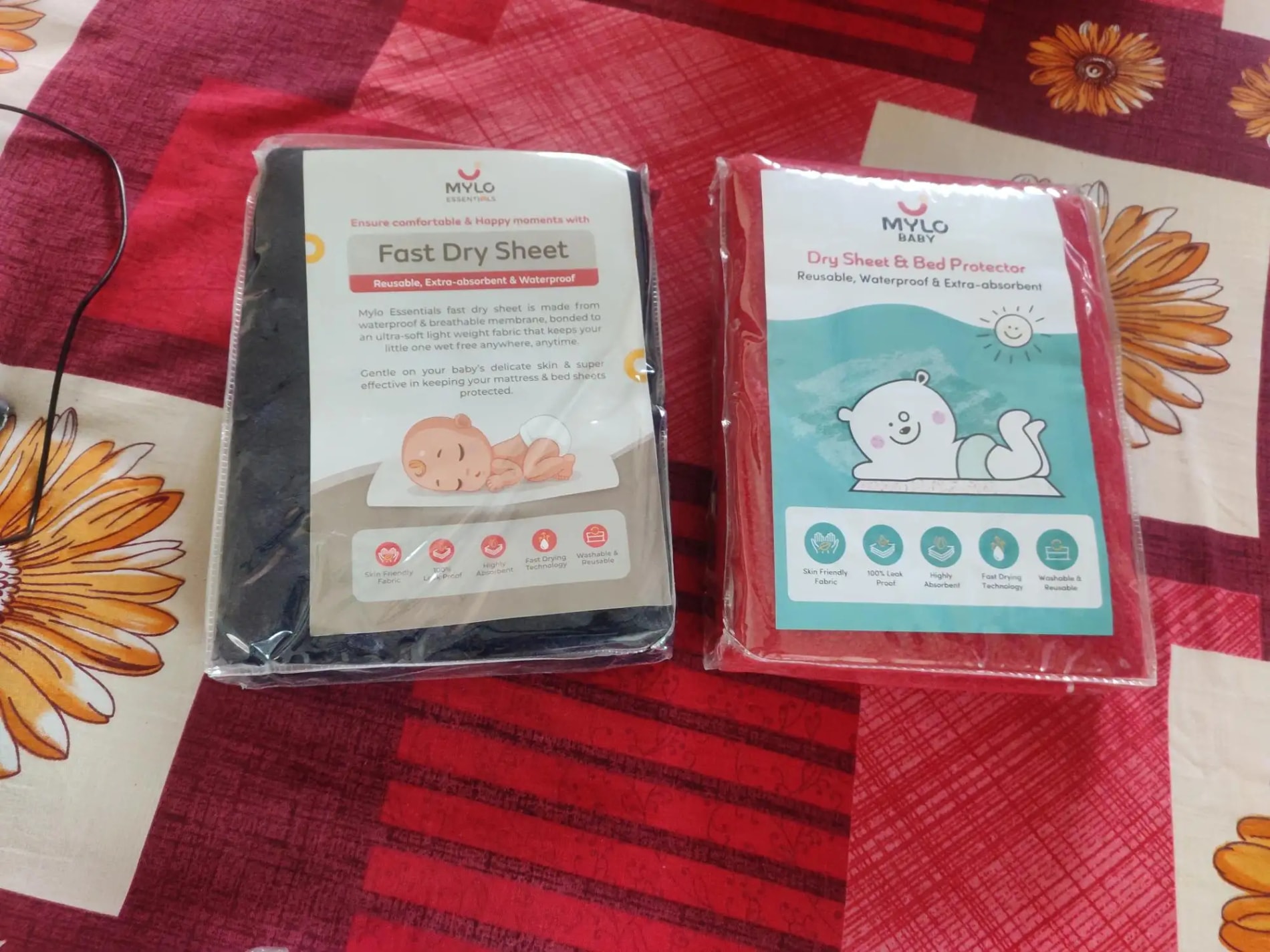 Waterproof Extra Absorbent Baby Dry Sheet & Bed Protector | Guards Against Spills, Stains & Nappy Leaks | Foldable & Portable - (M) (Blue & Red) - Pack of 2