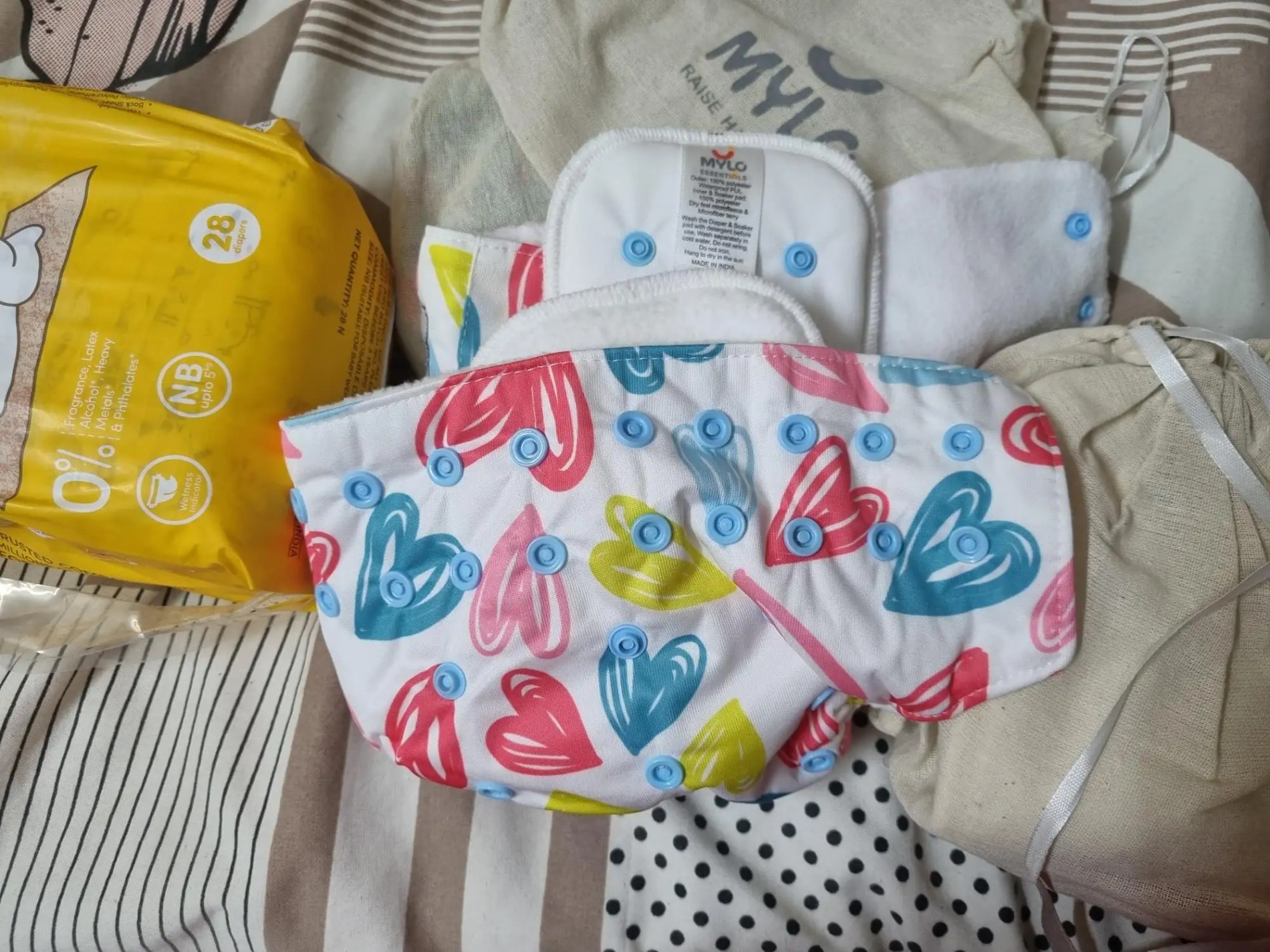 Adjustable Washable & Reusable Cloth Diaper With Absorbent Insert Pad (3M-3Y) | Oeko-Tex Certified - Rainbow, Floral Spring & Heart Doodles