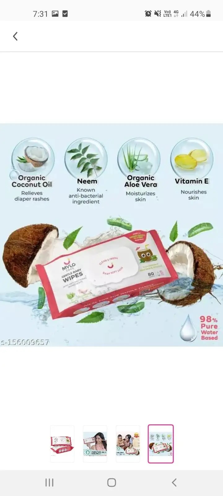 Gentle Baby Wipes With Lid - Organic Coconut Oil, Neem, Aloe Vera and Vitamin E | 98% Pure Water | Dermatologically Tested (Pack of 6) - 72 Wipes Per Pack