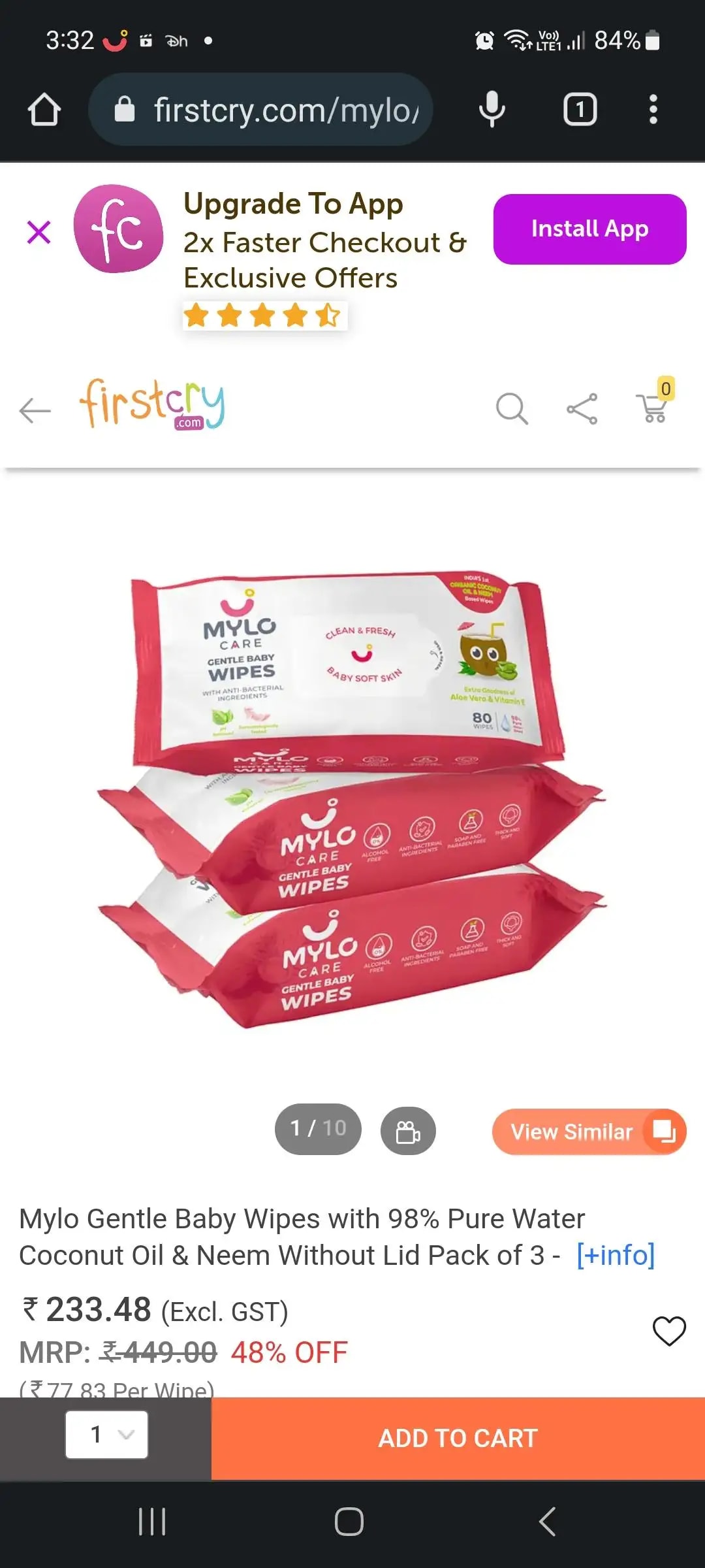 Gentle Baby Wipes With Lid - Organic Coconut Oil, Neem, Aloe Vera and Vitamin E | 98% Pure Water | Dermatologically Tested (Pack of 6) - 72 Wipes Per Pack