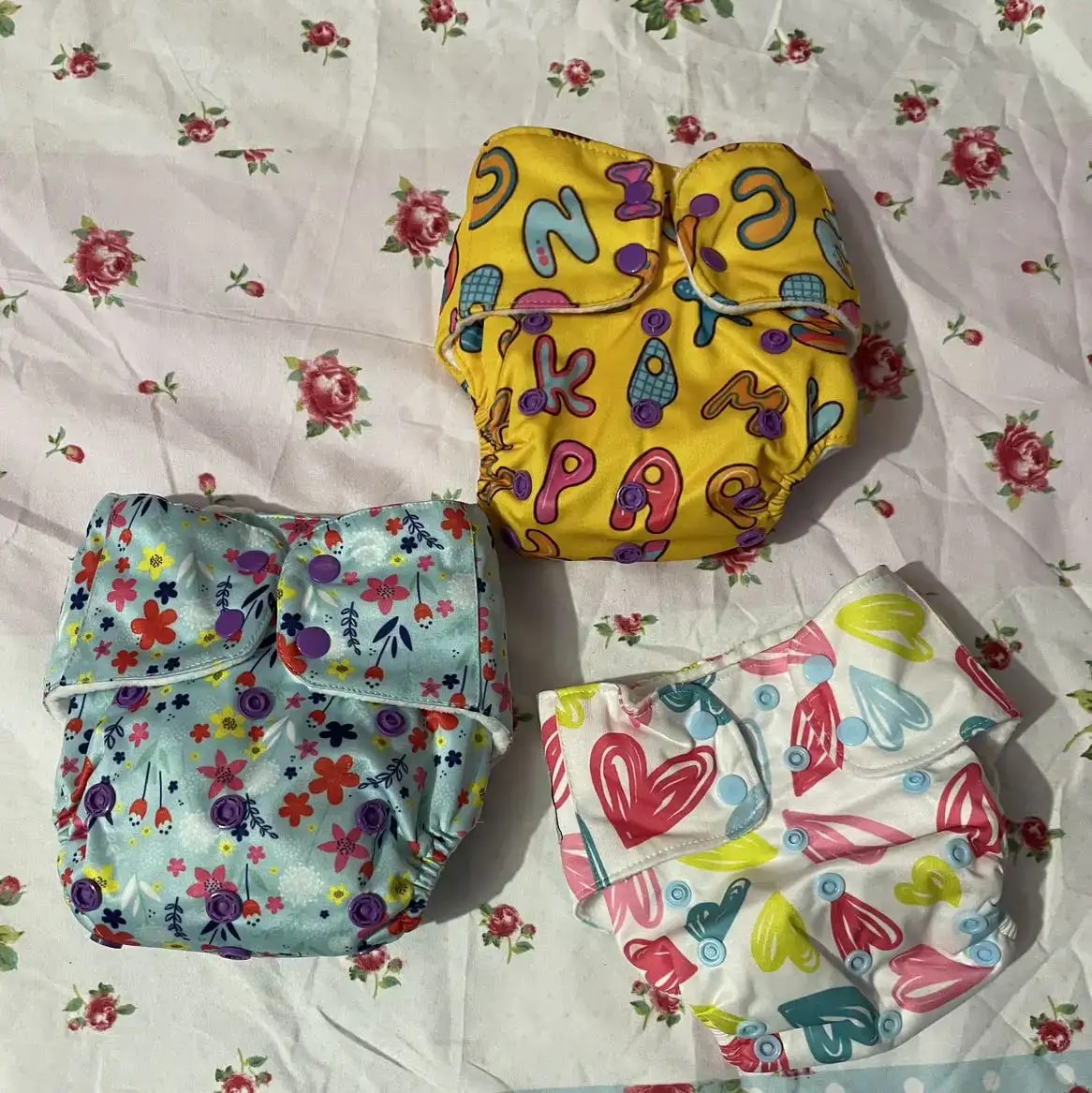 Adjustable Washable & Reusable Cloth Diaper With Absorbent Insert Pad (3M-3Y) | Oeko-Tex Certified - Rainbow, Floral Spring & Heart Doodles