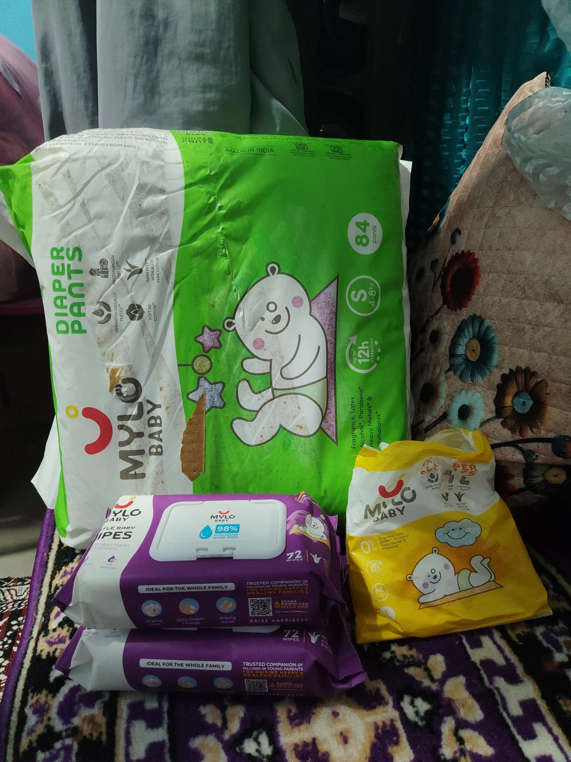 Monthly Diapering Super Saver Combo - Baby Diaper Pants Small (S) - (84 count) + Baby Wipes (Pack of 2)