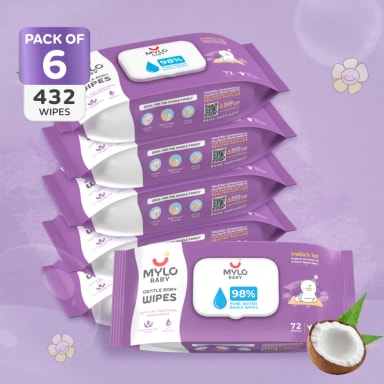 Gentle Baby Wipes With Lid - Organic Coconut Oil, Neem, Aloe Vera and Vitamin E | 98% Pure Water | Dermatologically Tested (Pack of 6) - 72 Wipes Per Pack
