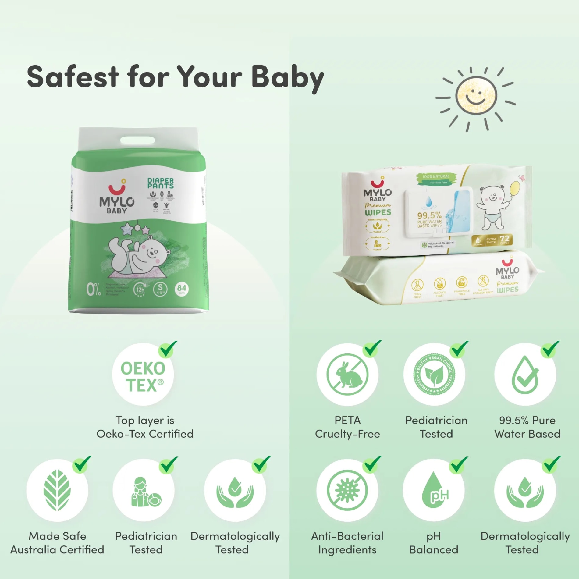 Baby Diaper Pants Small (S) Size 4-8 kgs (Jumbo Pack) + 99.5% Ultra Pure Water- Based Premium Wipes (Pack of 2)