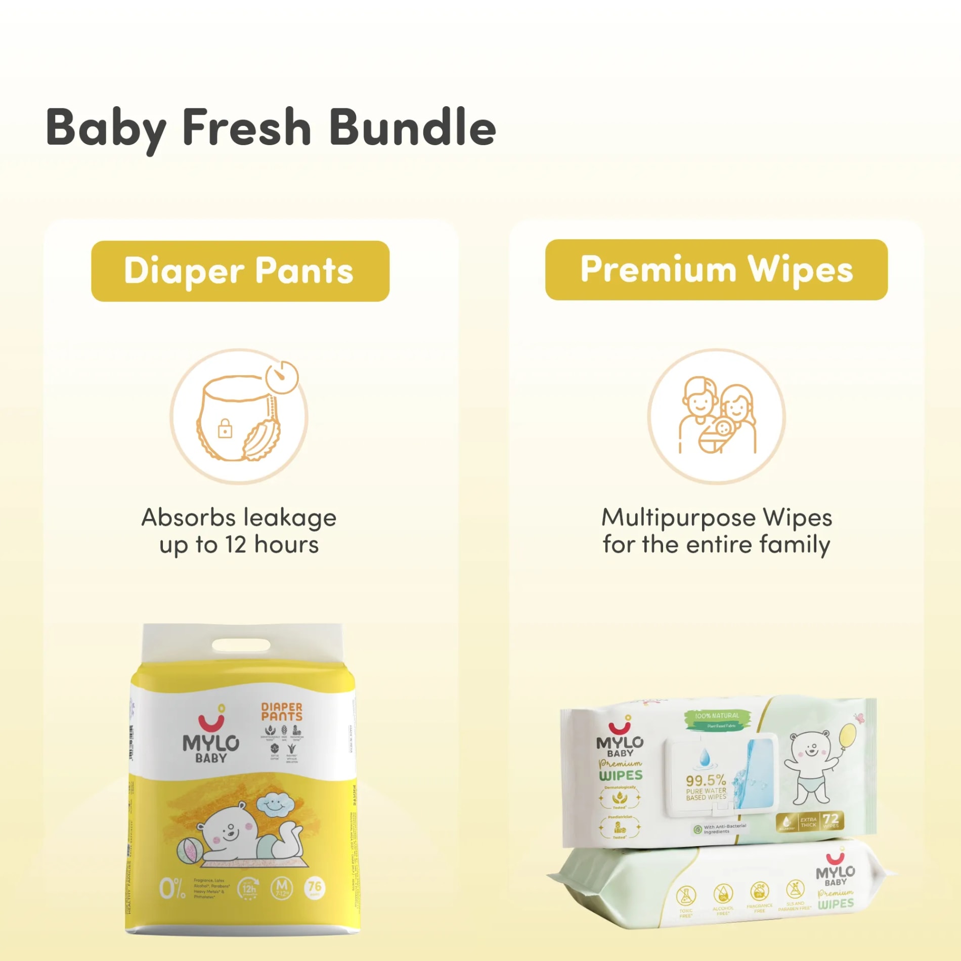 Baby Diaper Pants Medium (M) Size 7-12 kgs (Jumbo Pack) + 99.5% Ultra Pure Water- Based Premium Wipes (Pack of 2)