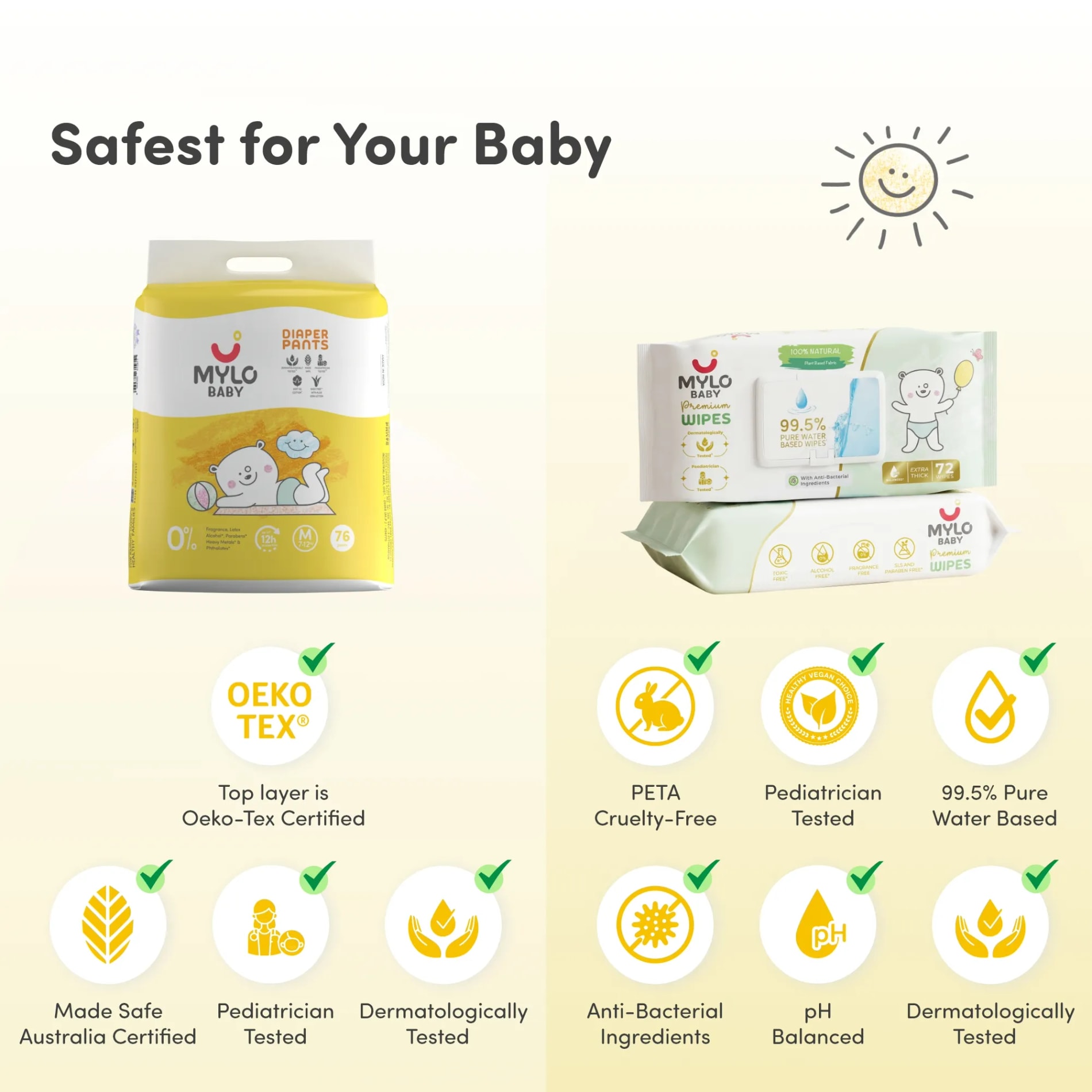 Baby Diaper Pants Medium (M) Size 7-12 kgs (Jumbo Pack) + 99.5% Ultra Pure Water- Based Premium Wipes (Pack of 2)