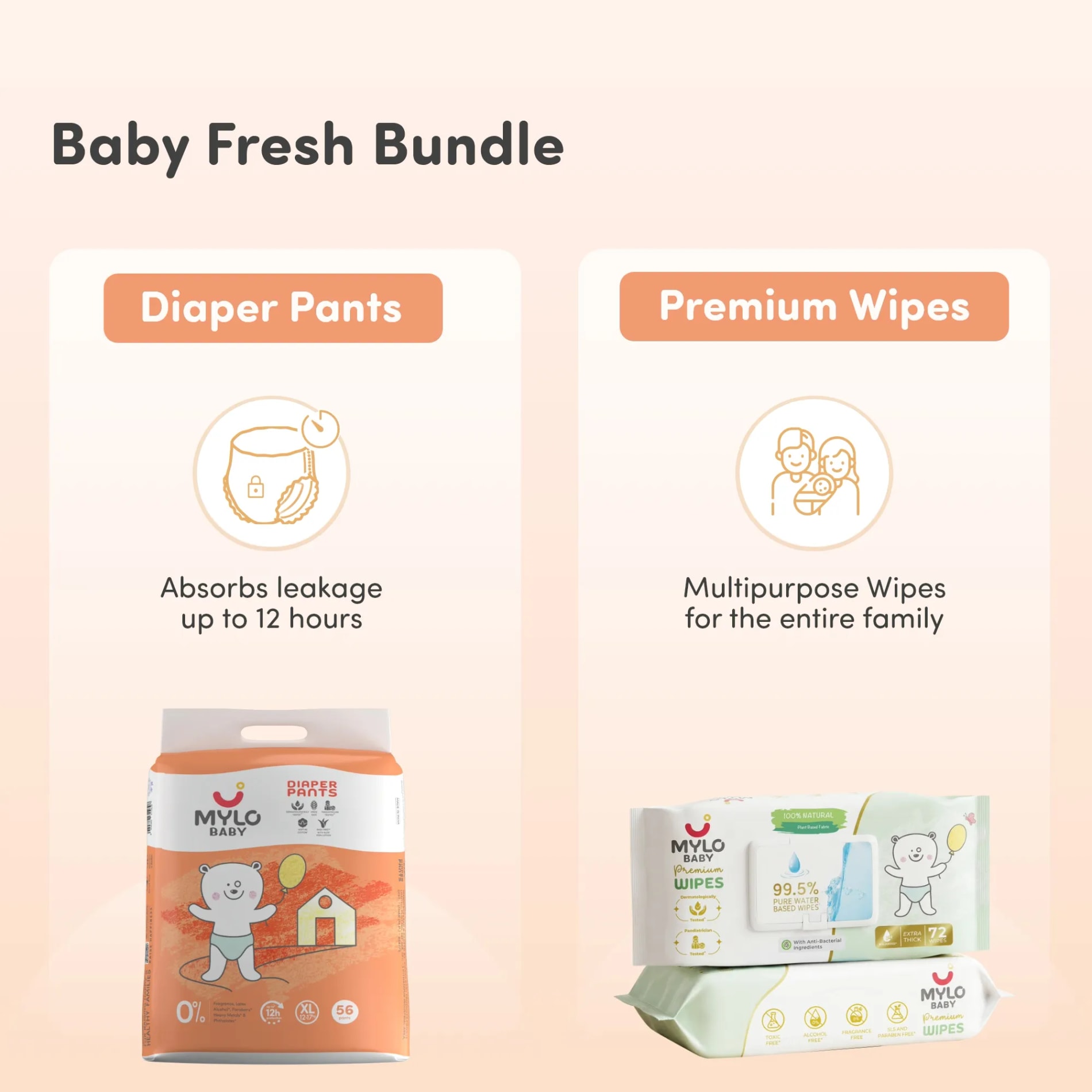 Baby Diaper Pants Extra Large (XL) Size 12-17 kgs (Jumbo Pack) + 99.5% Ultra Pure Water- Based Premium Wipes (Pack of 2)