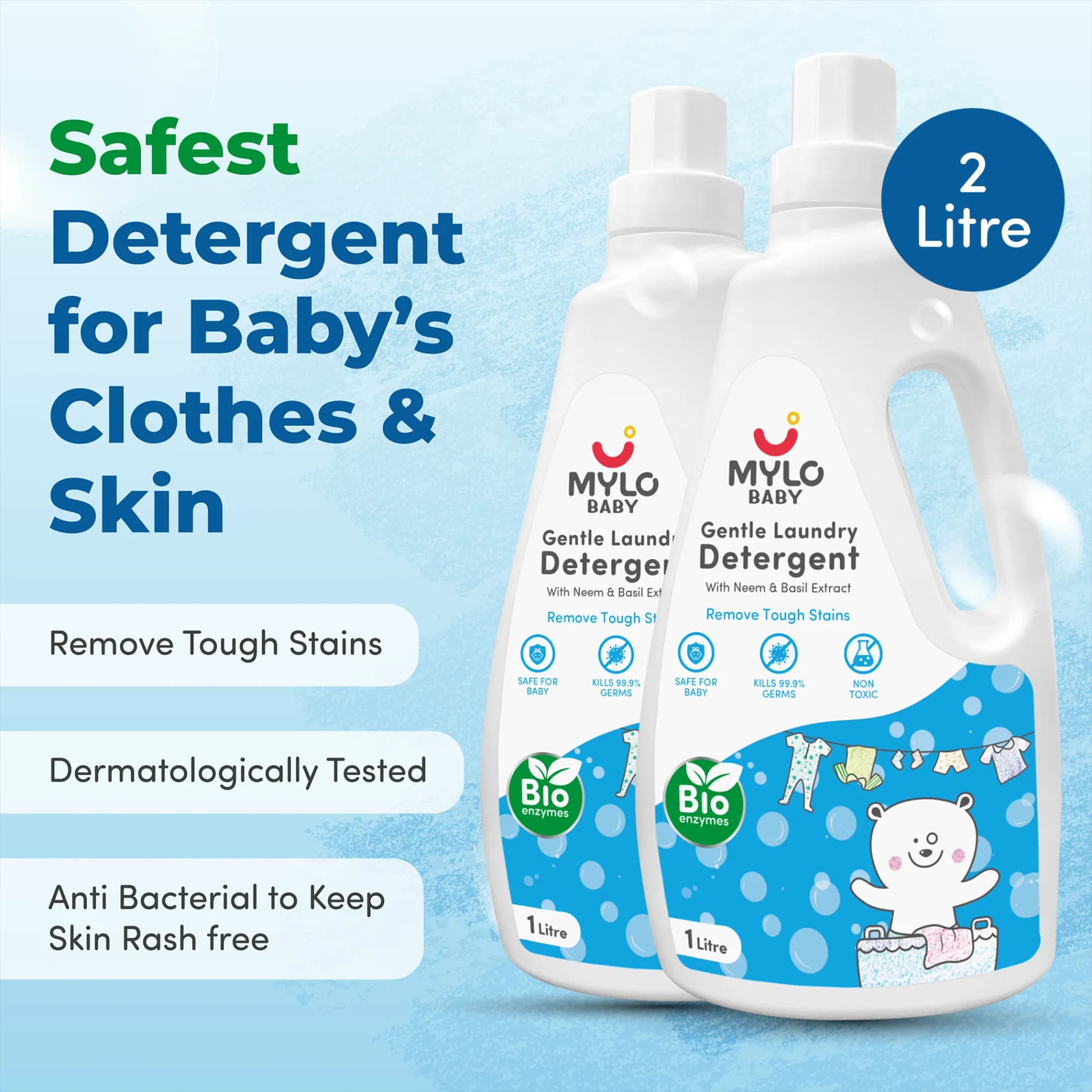 Baby Safe Liquid Detergent for Baby Clothes | Tough on stains | Gentle on clothes | Keeps Color & Softness Intact | Suitable for Front & Top Load Washing Machine | 1 litre - Pack of 2