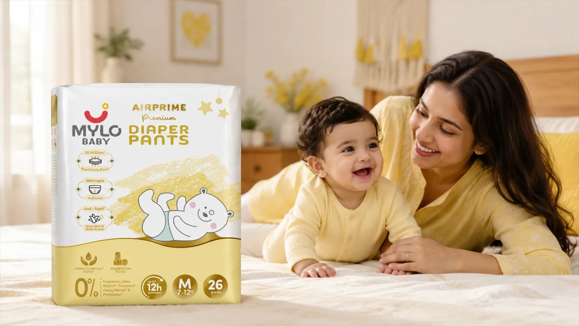 Mylo Airprime™ Premium Baby Diaper Pants | Rash-free | Leak-proof | Ultra-thin | Wetness Indicator - M(8-13 Kgs) - 26 Count