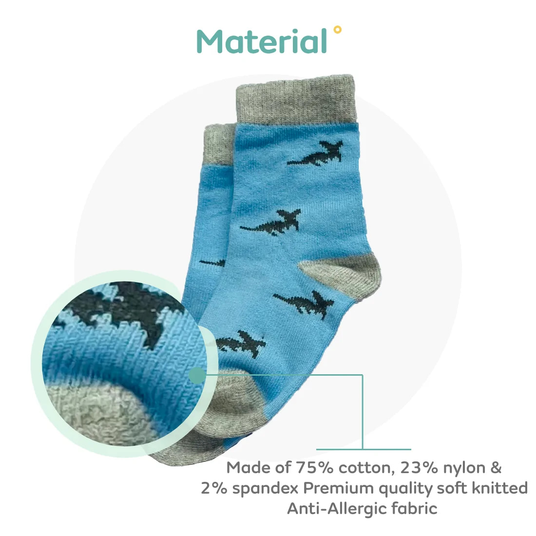Baby Socks 6-12 Months | Elasticated & Antibacterial | Breathable, Shrinkable, Sweat & Wear Resistant | Unisex Dino | Pack of 3