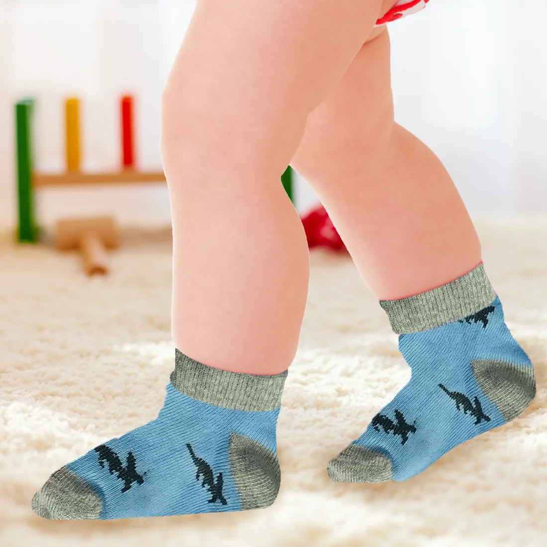 Baby Socks 12-24 Months | Elasticated & Antibacterial | Breathable, Shrinkable, Sweat & Wear Resistant | Unisex Dino | Pack of 3