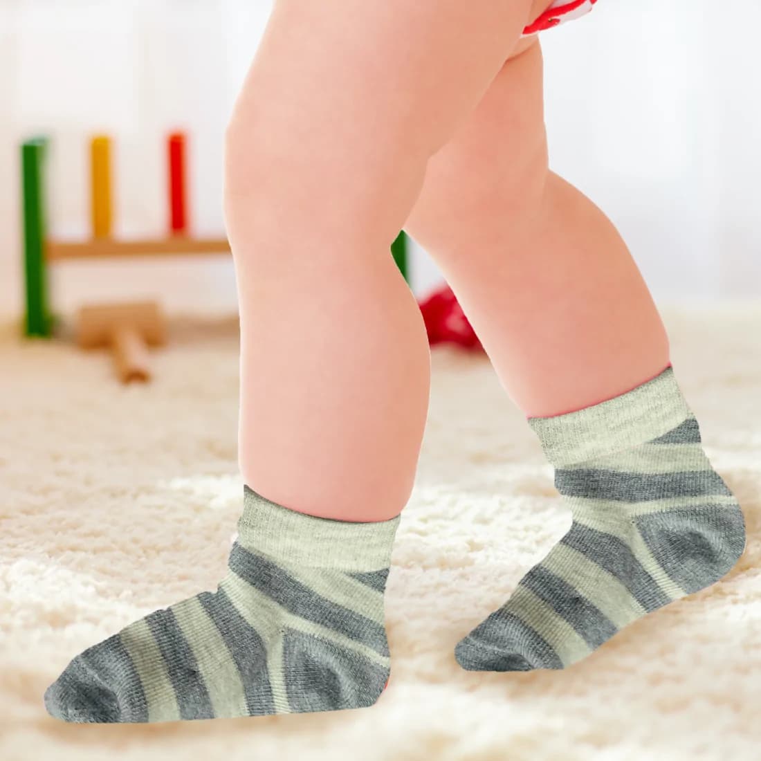 Baby Socks 0-6 Months | Elasticated & Antibacterial | Breathable, Shrinkable, Sweat & Wear Resistant | Unisex Grey Striped & Solid | Pack of 3