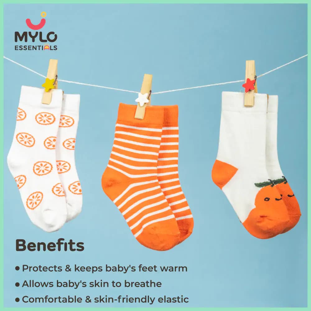 Baby Socks 6-12 Months | Elasticated & Antibacterial | Breathable, Shrinkable, Sweat & Wear Resistant | Unisex Slice of Orange | Pack of 3
