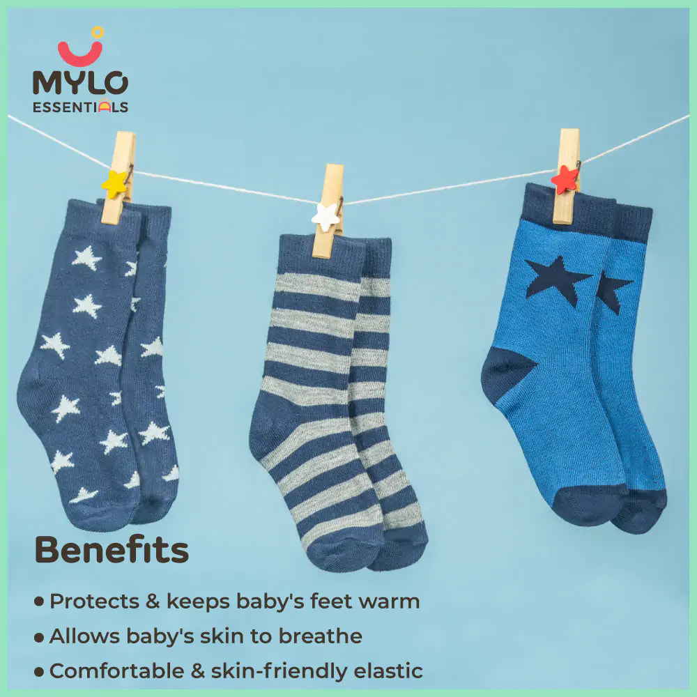 Baby Socks 6-12 Months | Elasticated & Antibacterial | Breathable, Shrinkable, Sweat & Wear Resistant | Unisex Dark Nights | Pack of 3