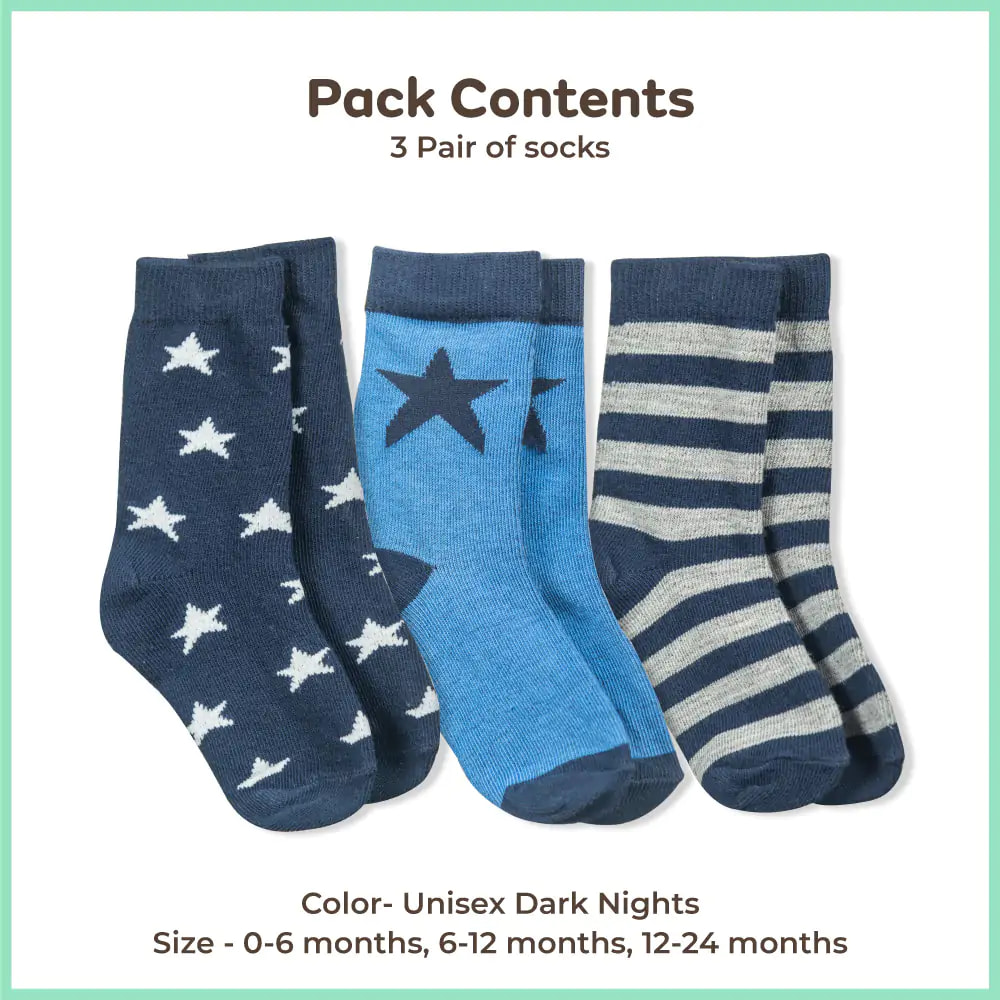 Baby Socks 0-6 Months | Elasticated & Antibacterial | Breathable, Shrinkable, Sweat & Wear Resistant | Unisex Dark Nights | Pack of 3