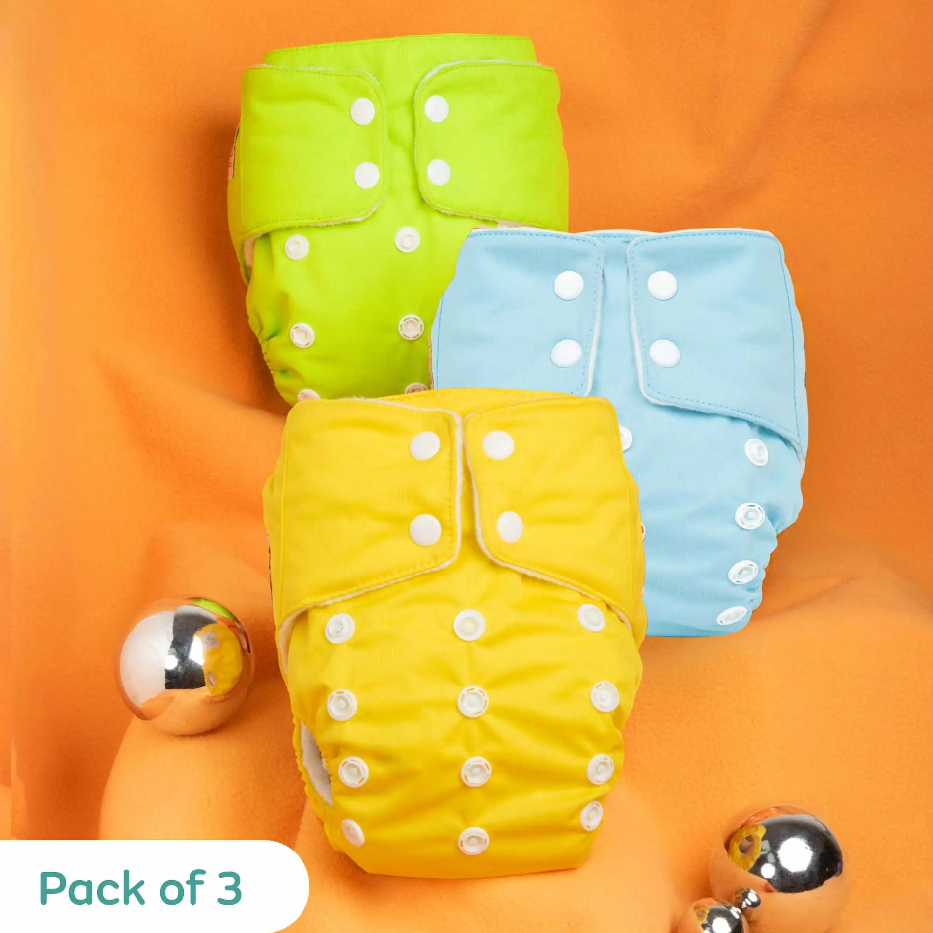 Adjustable Washable & Reusable Cloth Diaper With Dry Feel, Absorbent Insert Pad (3M-3Y) | Oeko-Tex Certified | Prevents Rashes - Yellow, Green & Blue - Pack of 3