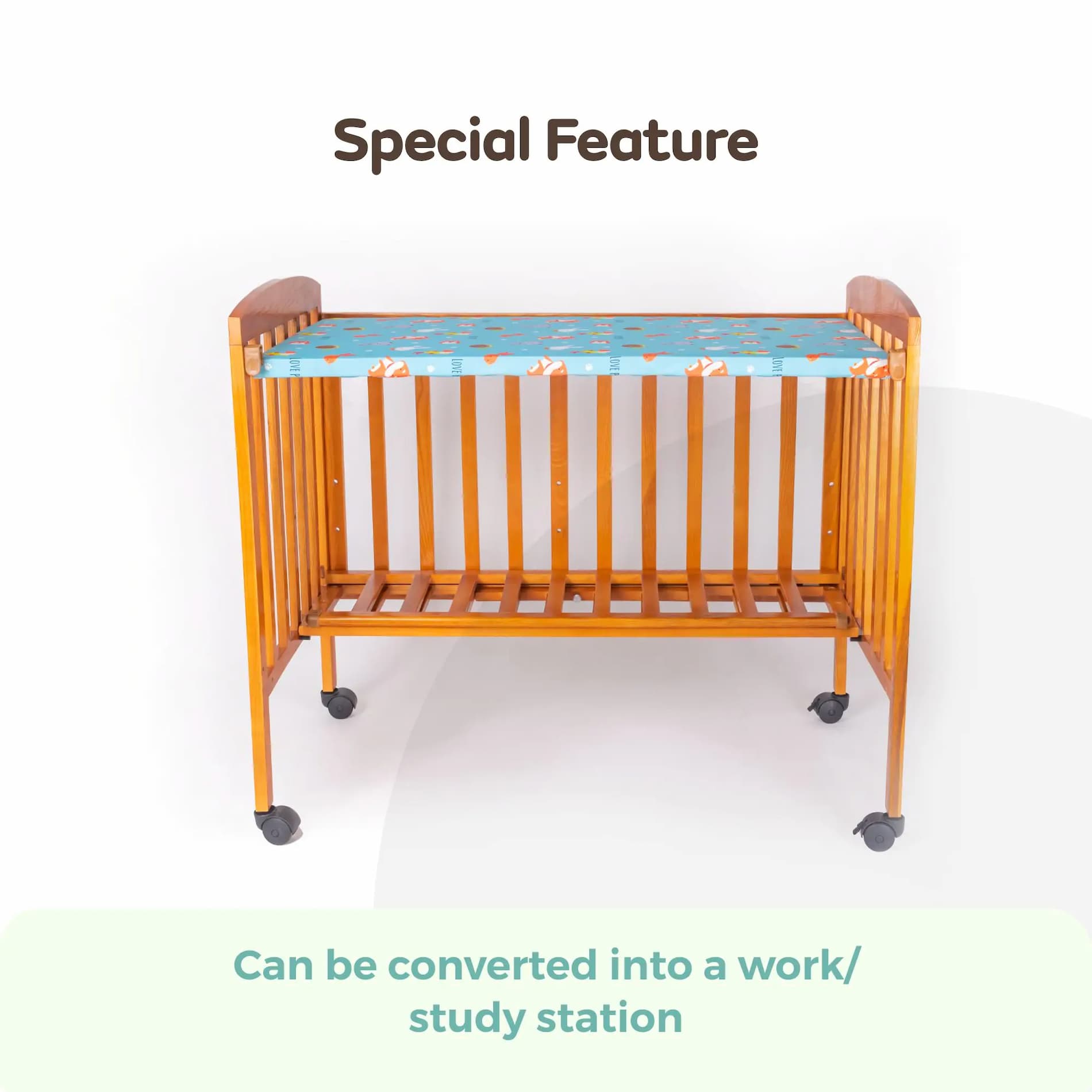 Kimberly Baby Wooden Cot cum Desk with Wheel   