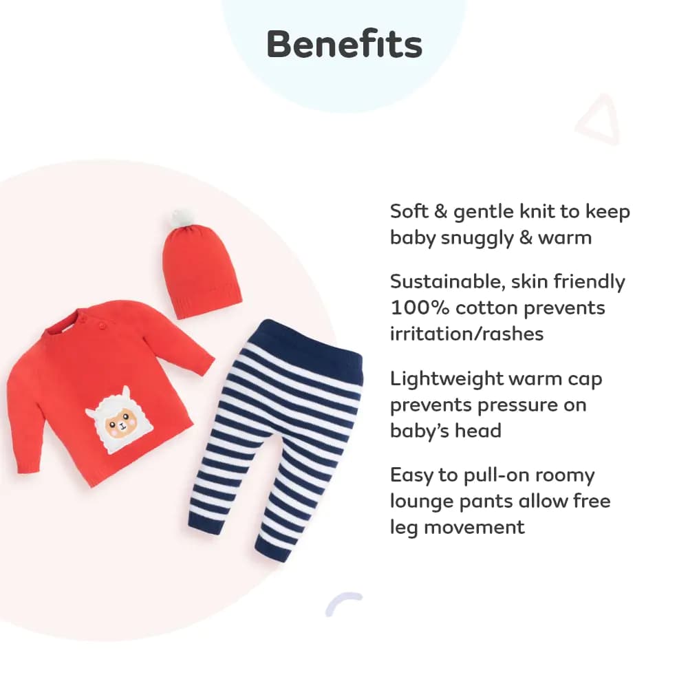 Baby Full Sleeves Sweater & Stripe Pant Set with Cap in 100% Cotton – Red & Navy Cute Sheep (6-9 M)