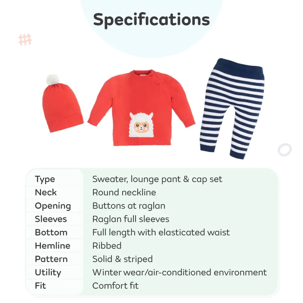Baby Full Sleeves Sweater & Stripe Pant Set with Cap in 100% Cotton – Red & Navy Cute Sheep (9-12 M)