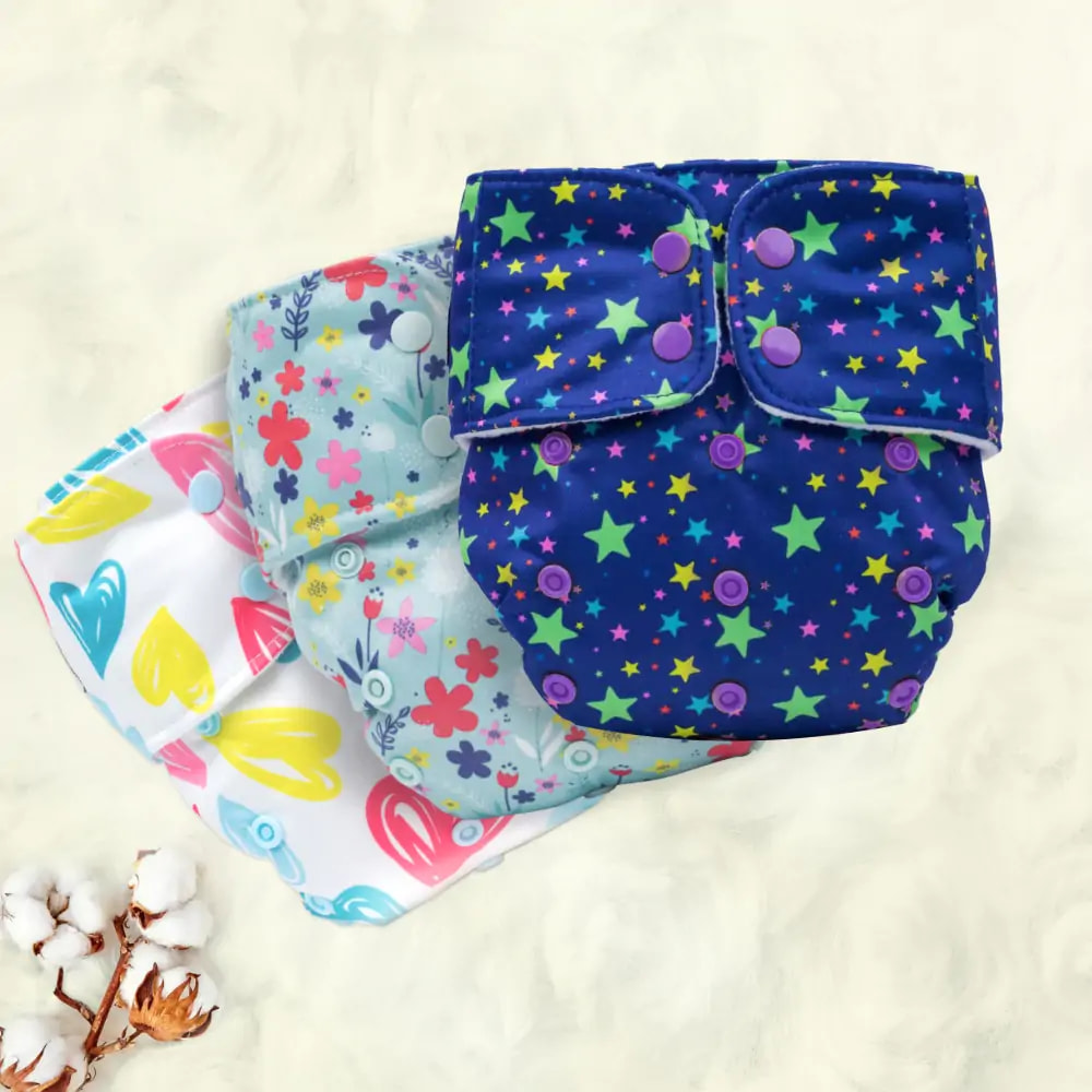 Adjustable & Reusable Cloth Diaper - Heart Doodles, Floral Spring & Twinkle Twinkle - Pack of 3