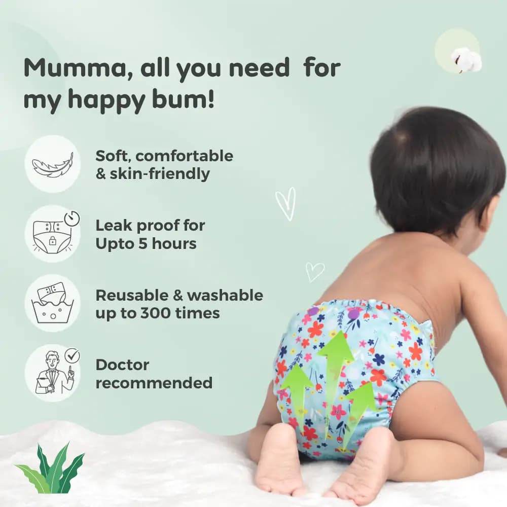Adjustable Washable & Reusable Cloth Diaper With Dry Feel, Absorbent Insert Pad (3M-3Y) Oeko-Tex Certified | Prevents Rashes - Jungle, Rainbow & Floral Spring - Pack of 3