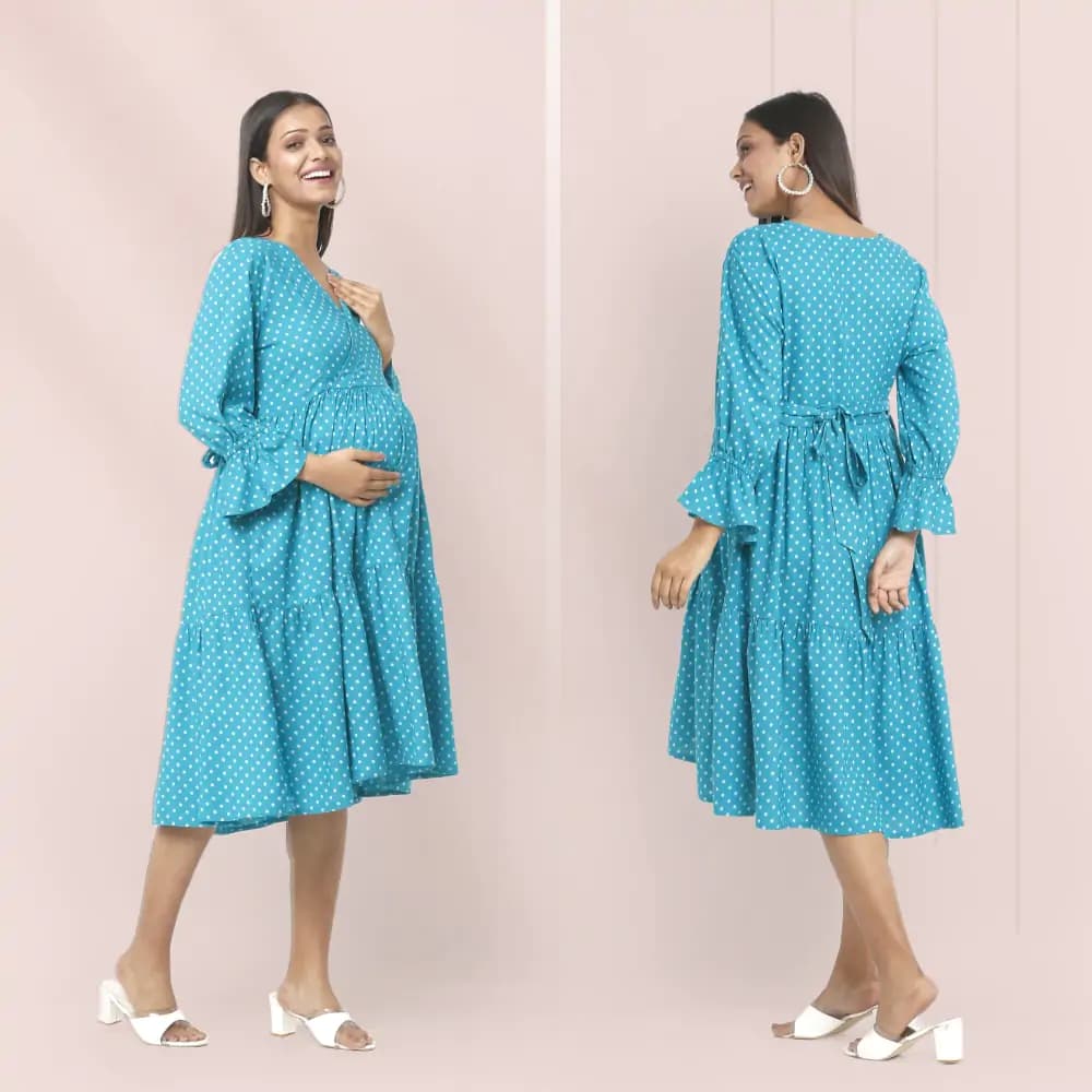 Pre & Post Maternity/Nursing Knee Length Dress with Zippers at both sides for Easy Feeding- Teal Green-  Polka Dots-L