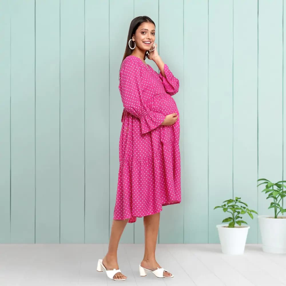Pre & Post Maternity/Nursing Knee Length Dress with Zippers at both sides for Easy Feeding-  Pink -  Polka Dots-L