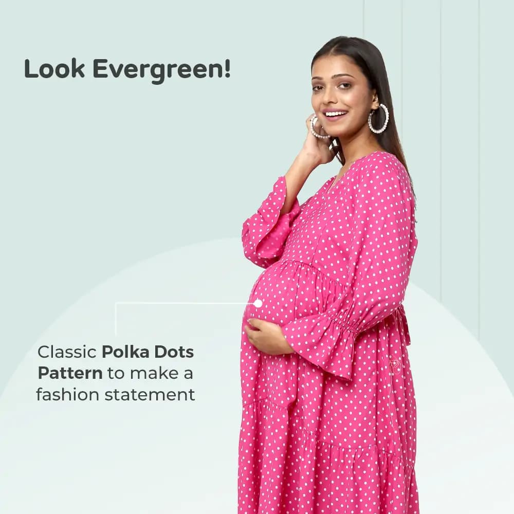Pre & Post Maternity/Nursing Knee Length Dress with Zippers at both sides for Easy Feeding-  Pink -  Polka Dots-L