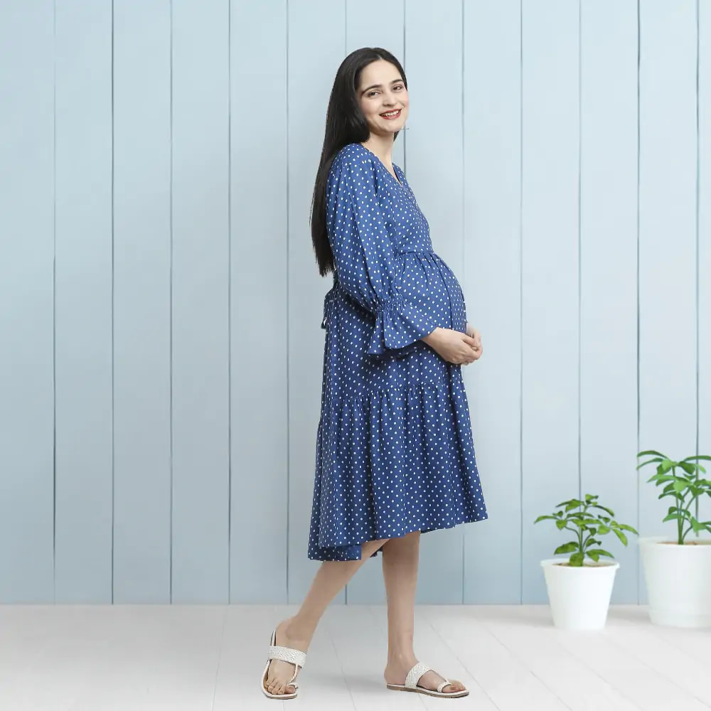 Pre & Post Maternity/Nursing Knee Length Dress with Zippers at both sides for Easy Feeding- Blue - Polka Dots-M