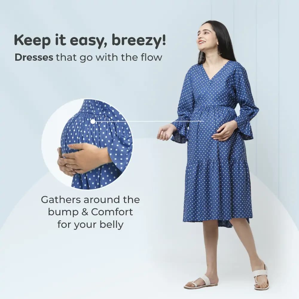 Pre & Post Maternity/Nursing Knee Length Dress with Zippers at both sides for Easy Feeding- Blue - Polka Dots-L 