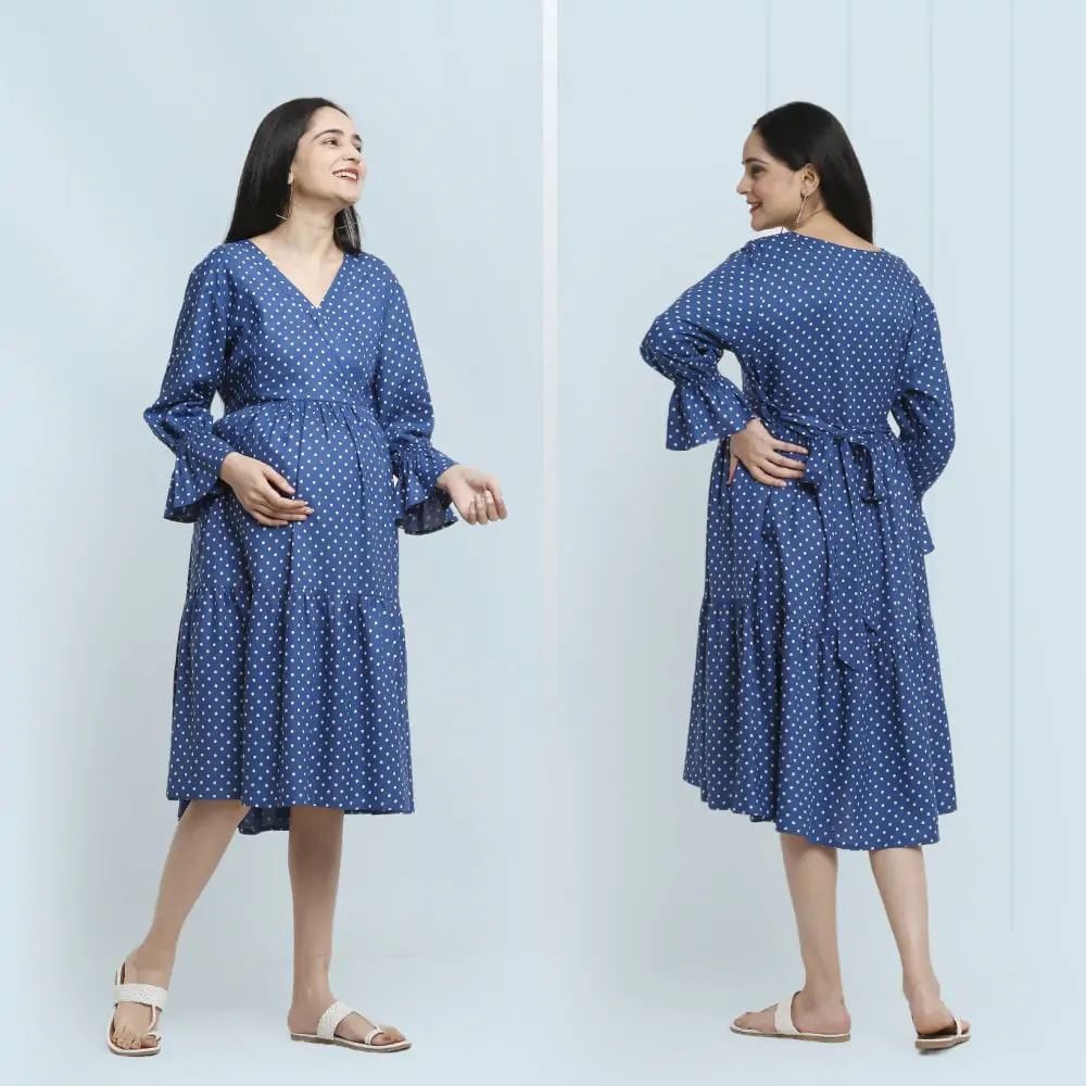 Pre & Post Maternity/Nursing Knee Length Dress with Zippers at both sides for Easy Feeding- Blue - Polka Dots-L 