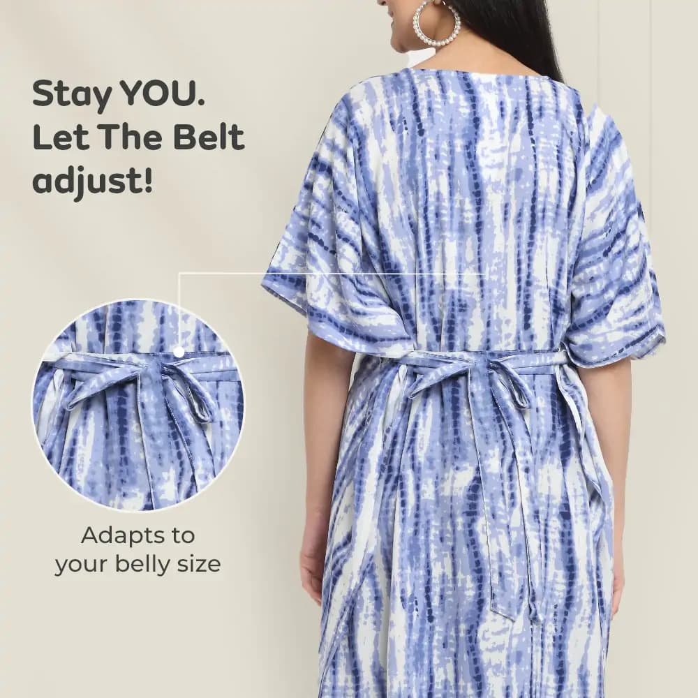Maternity Dresses For Women with Both Side Zipper For Easy Feeding | Adjustable Belt for Growing Belly | Kaftan Dress | Shibori Print - Navy | XXL