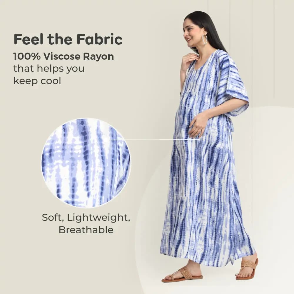 Maternity Dresses For Women with Both Side Zipper For Easy Feeding | Adjustable Belt for Growing Belly | Kaftan Dress | Shibori Print - Navy | XXL